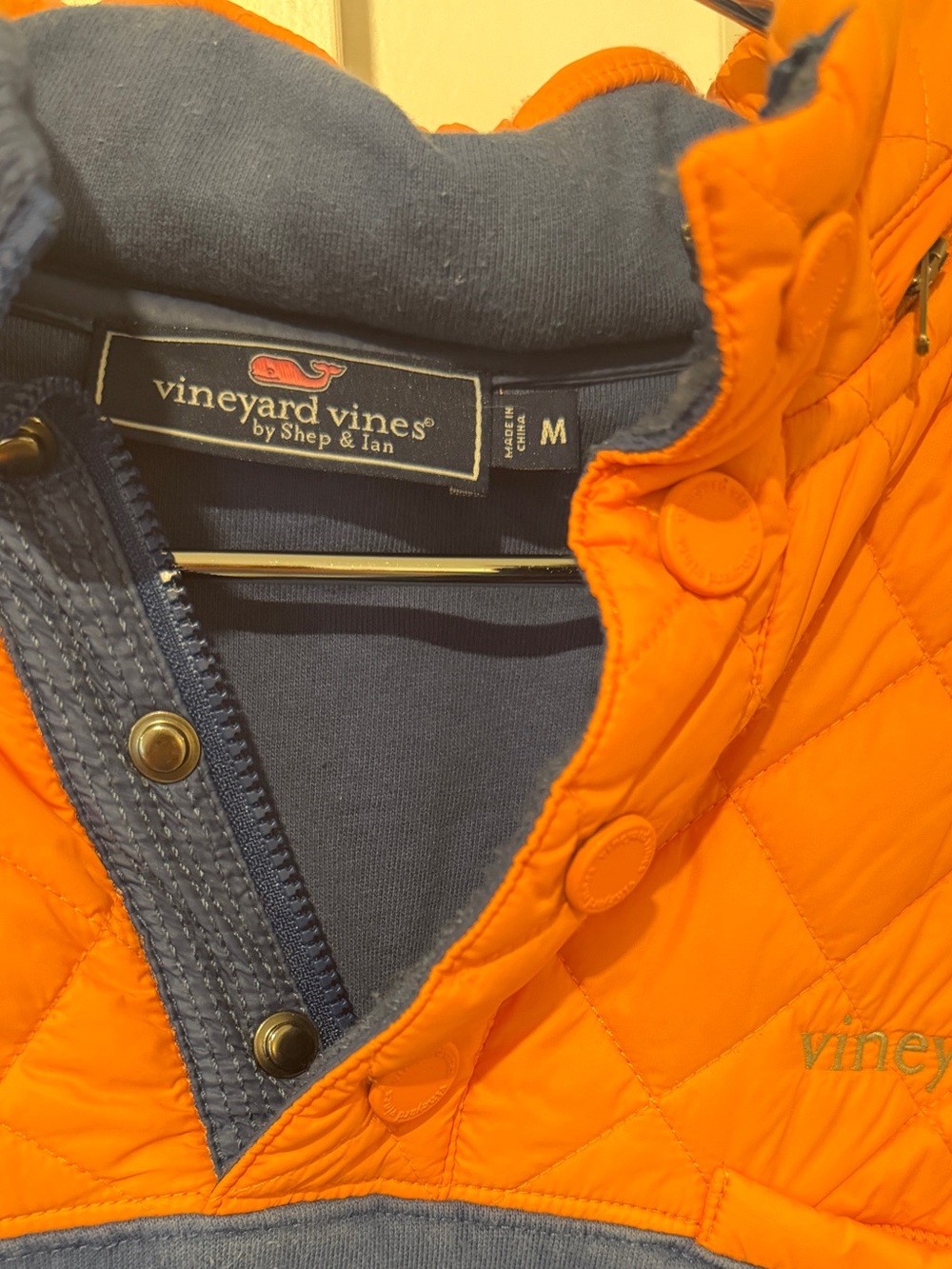 Vineyard Vines Orange Quilted Yoke Pullover with Navy Trim - Picture 2 of 3